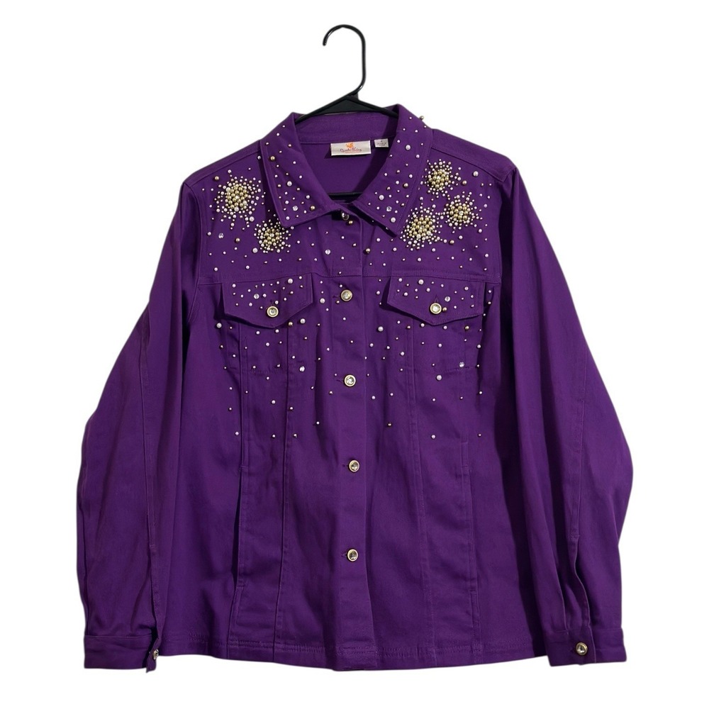 Quacker Factory Retro Embellished Jean Jacket Purple Pearl Rhinestones SZ Small
